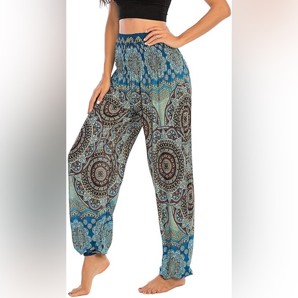 Blue Mandala Boho Smocked Waist Harem Pants Sz L/XL - Picture 3 of 12